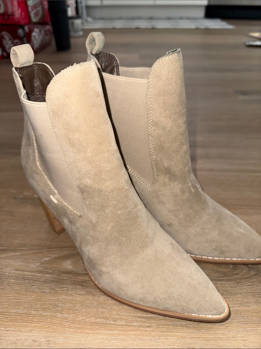 Suede Pointed-Toe Chelsea Ankle Boots in Beige